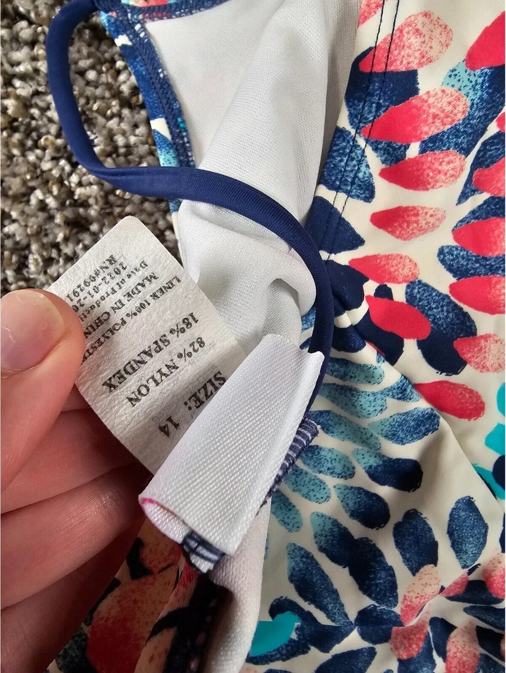 Okami Hawaii Girls Sz 14 One Piece Swimsuit Blue Pink Geometric Floral Print